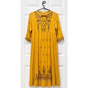 Avaasa Mustard Yellow Embroidered Midi Dress XL Boho Whimsy Peasant Cottagecore